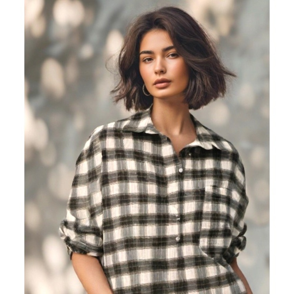 Splendid Plaid Button Up Crop Top Oversize Long Sleeve Collar Green Size Small